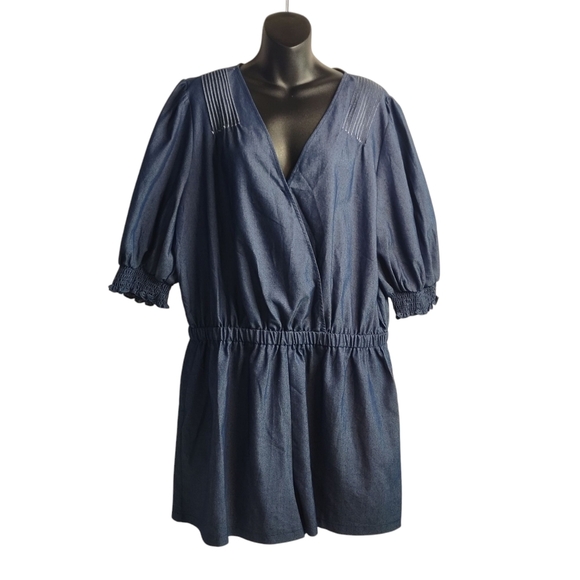 ODDY Women's Blue Puff Sleeve Denim Romper V-Neck Plus Size 3XL NWOT - Picture 3 of 11